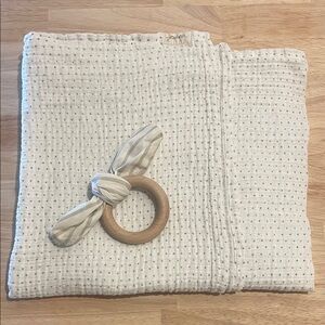 Pehr Organic Polka Dot Swaddle and Wooden Teether Crinkle Toy Bundle